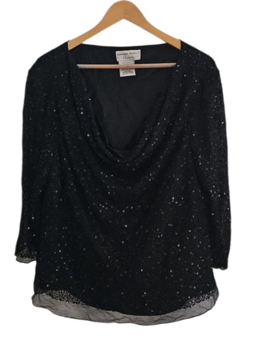 Adrianna Papell Silk Sequin Beaded Blouse Women XL Black Evening Party Cowl Top